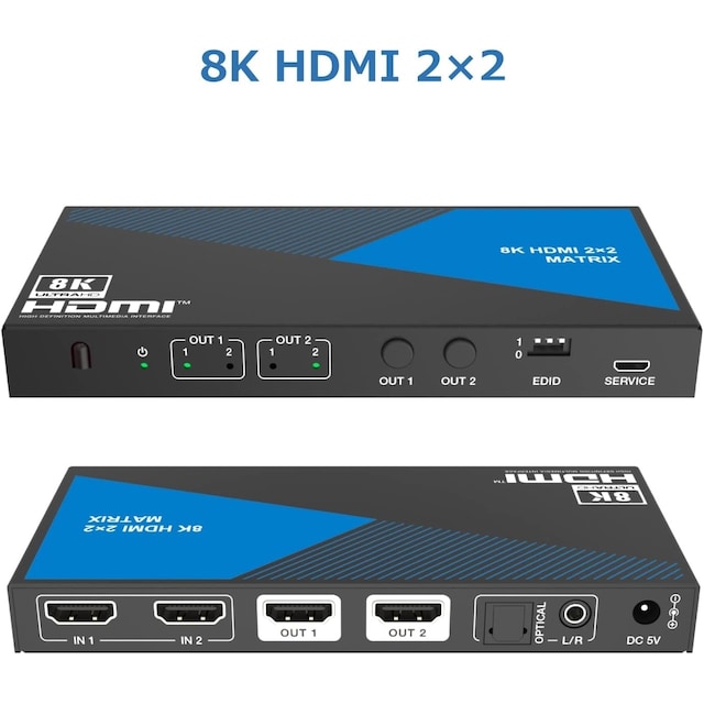 NÖRDIC 8K HDMI 2.1 Matrix switch 2x2 med lydudtrækker Toslink & Stereo EDID CEC, Dolby Atmos, Digital Plus, DTS-EX
