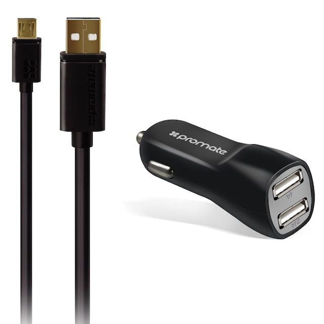 Promate CARKIT-M Laddarkit 2port 3,1A USB oplader til bil og USB-kabel 1,2 m sort