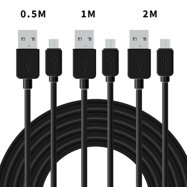 NÖRDIC kabel kit 3 pak 0,5m + 1m + 2m En USB 2.0 Micro B 480Mbps 2,4a sort Anfroid mobil og tablet