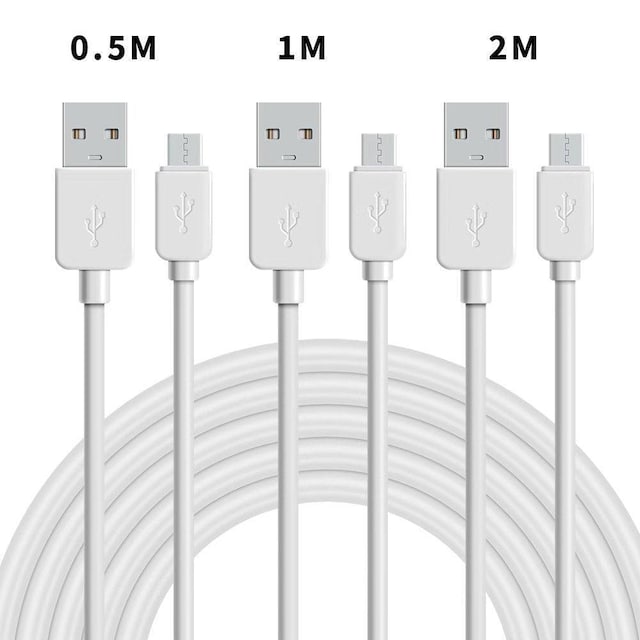 NÖRDIC kabel kit 3 pak 0,5m + 1m + 2m En USB 2.0 Micro B 480Mbps 2,4a hvid Android mobil og tablet
