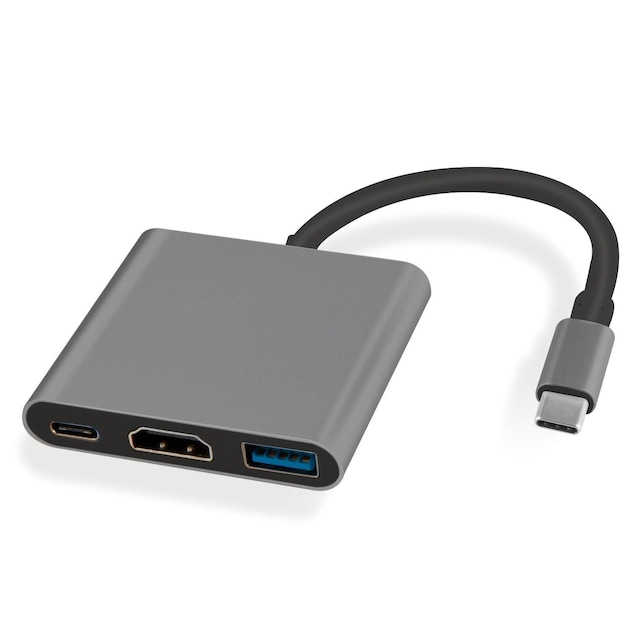 NÖRDIC 1 til 3 Docking Station USBC til HDMI 4K 30Hz USB C POWER LEVERING 60W og USB A 3.1 5Gbps Space Grey