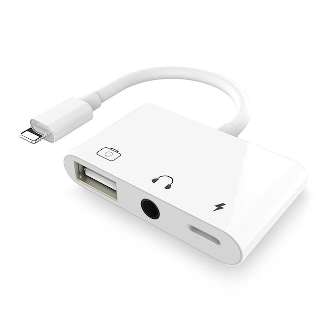 NÖRDIC Lightning adapter til 1xUSB En 1x3,5mm lyd og 1x Lightning White 10cm kabel