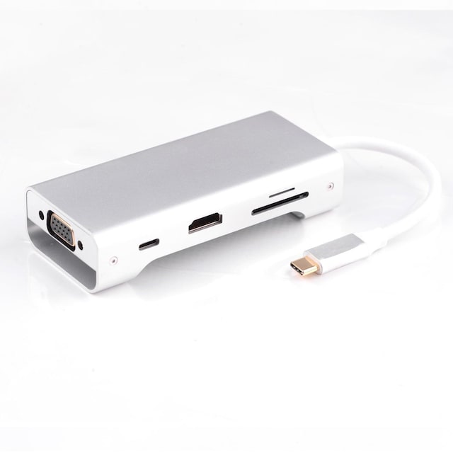 NÖRDIC 1 til 8 C USB Aluminium Docking 1xHDMI 4K 1080p 30Hz 1xVGA 3xUSB 3.1 5GBP 1x USB C PD87W 1xSD / TF kortlæser sølv