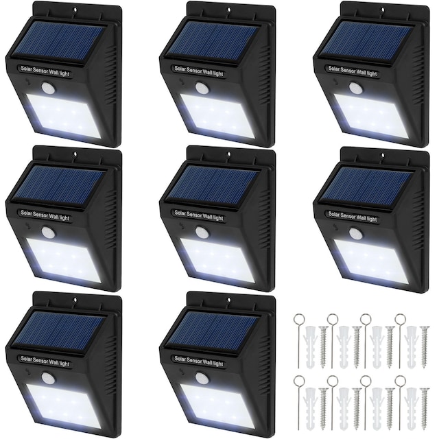 8x LED lampe med bevægelsessensor og solceller - sort