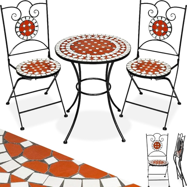 Cafésæt med mosaik, 2 stole + bord Ø 60 cm - brun