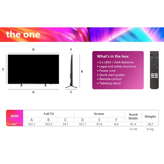 Philips 75” The One PUS8909 4K LED Ambilight TV (2024)