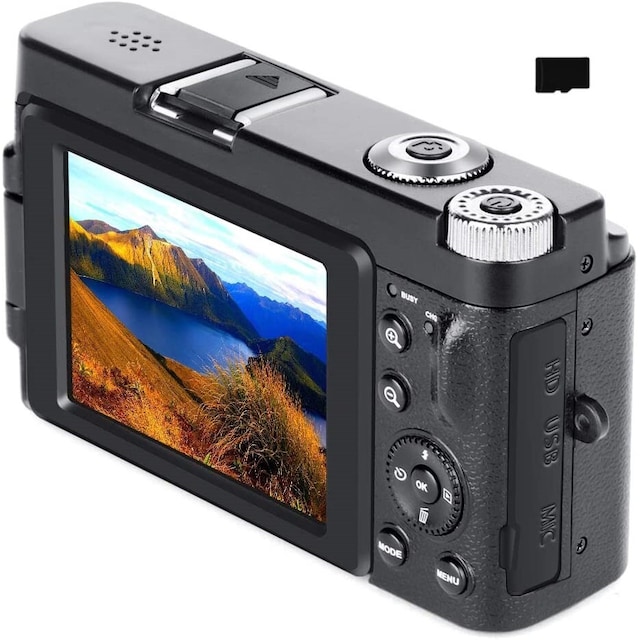 Digitalkamera med 48 MP, HD 1080p, 16x zoom, flip screen, 32 GB kort sort