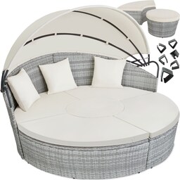 Rund daybed polyrattan med skygge - lysegrå