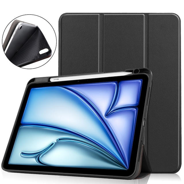 Til iPad Air 11 (2024) Etui Tre-fold Stativ Tablet Cover med Pen Holder - Sort