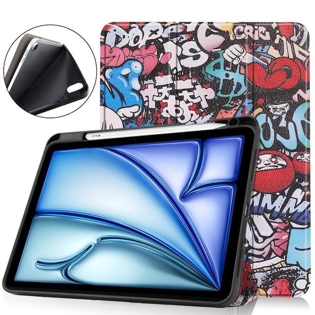 Til iPad Air 11 (2024) Etui Tre-fold Stativ Tablet Cover med Pen Holder - Graffiti