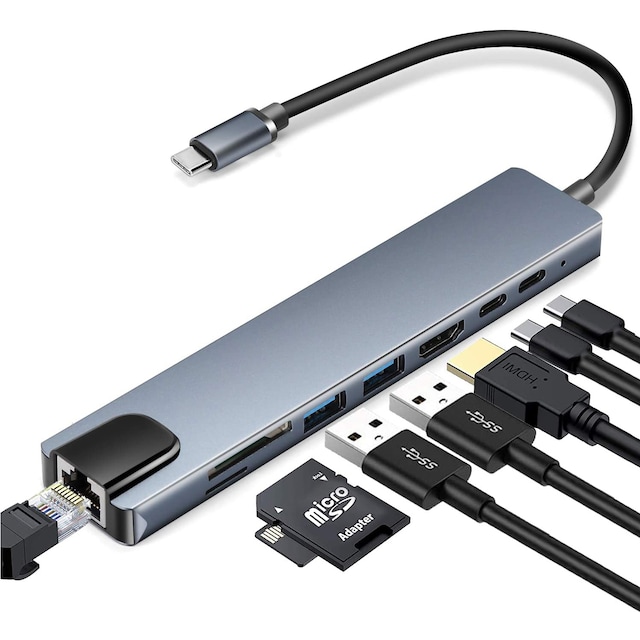 8 port USB-C hub med USB, UBC PD, HDMI, RJ45, hukommelseskort Grå