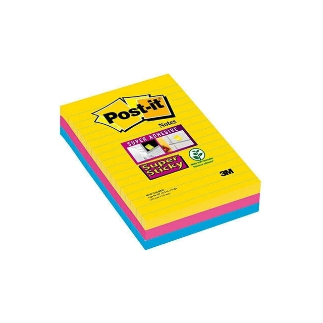 3M Post-it Super Sticky beskedklistermærke, foret, 101 x 152 mm. 3 stk