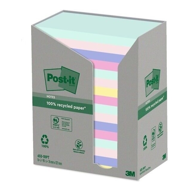 3M Post-it Nature Eko Z-notes, 76x127mm, 16 x 100 stk, assorterede farver