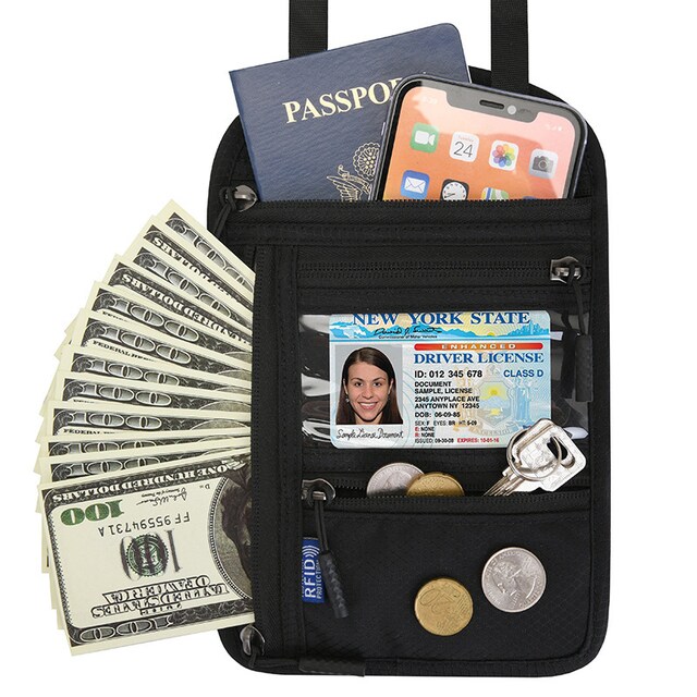 Neck Passport Wallet Multifunktionel RFID-beskyttelse Sort