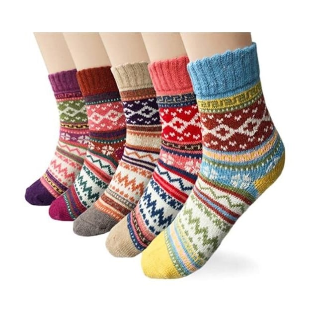 5 par strikkede sokker i flotte farver og mønstre MultiColor L Bølget