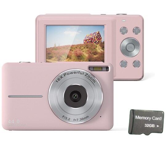 Digitalkamera 44MP/1080P/16X med digital zoom/fyldningslys/32GB kort Lyserød