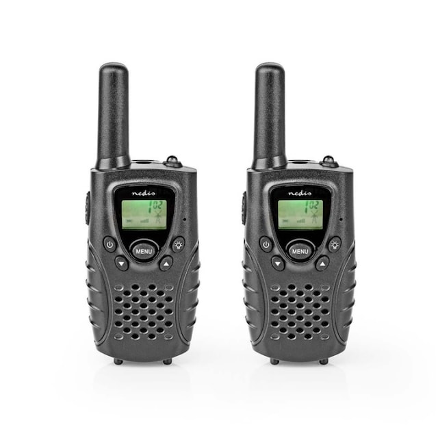 Nedis Walkie-talkie Set | 2 Håndsæt | Op til 8 km | Frekvens kanaler: 8 | PTT / VOX | Op til 2.5 Time | Hovedtelefonudgang | Sort