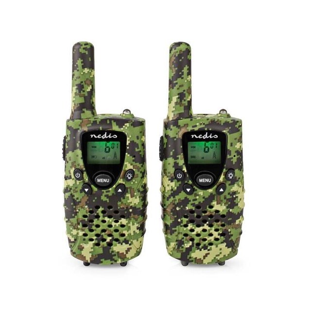 Nedis Walkie-talkie Set | 2 Håndsæt | Op til 8 km | Frekvens kanaler: 8 | PTT / VOX | Op til 2.5 Time | Hovedtelefonudgang | 2 Headsets | Rejsetaske inkluderet | Grøn