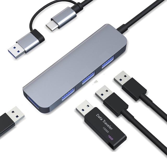 Dobbelt USB-C og USB-A Hub med 1 USB3.0-port og 3 USB2.0-porte