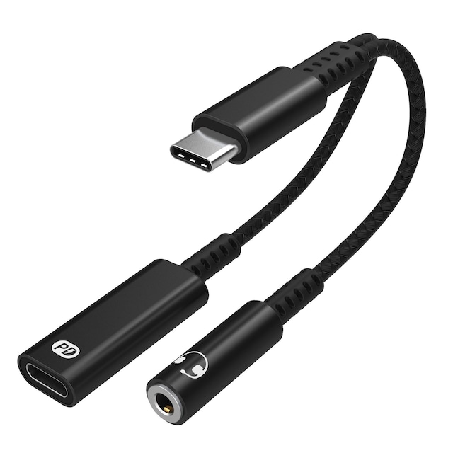 USB-C adapter til 3,5 mm hovedtelefoner og USB-C oplader Sort