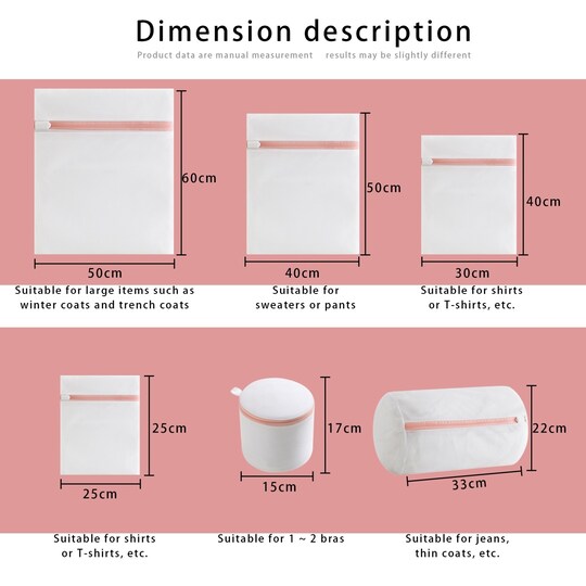 Tvättpåsar 6 delar Set olika storlekar polyester (Vit)