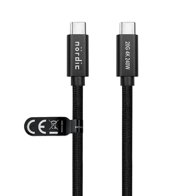 NÖRDIC 25 cm USB 3.2 Gen 2 USB-C til C nylonflettet kabel PD3.1 240W 20G 4K60Hz sort