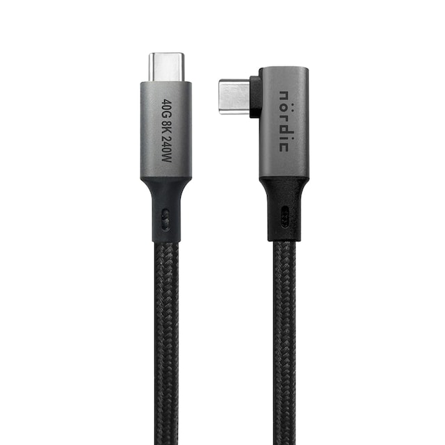 NÖRDIC Vinklet 25 cm USB4 USB-C til C nylonflettet kabel PD3.1 240W 40G 8K60Hz 4K144Hz grå