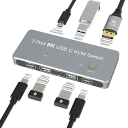 NÖRDIC 2 til 1 KVM-switch USB-C og displayport 1xDP 8K 60Hz 3xUSB-A