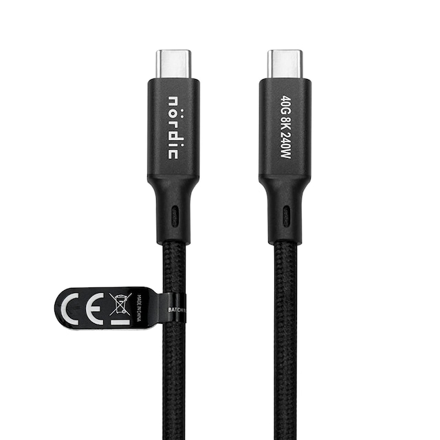 NÖRDIC 1m USB4 USB-C til C nylonflettet kabel PD3.1 240W 40G 8K60Hz 4K144Hz sort