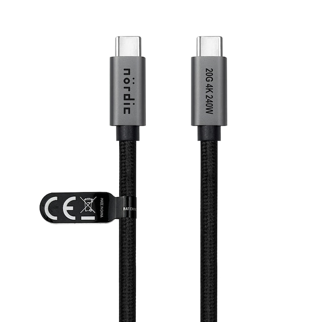NÖRDIC 2m USB 3.2 Gen 2 USB-C til C nylon flettet kabel PD3.1 240W 20G 4K60Hz grå