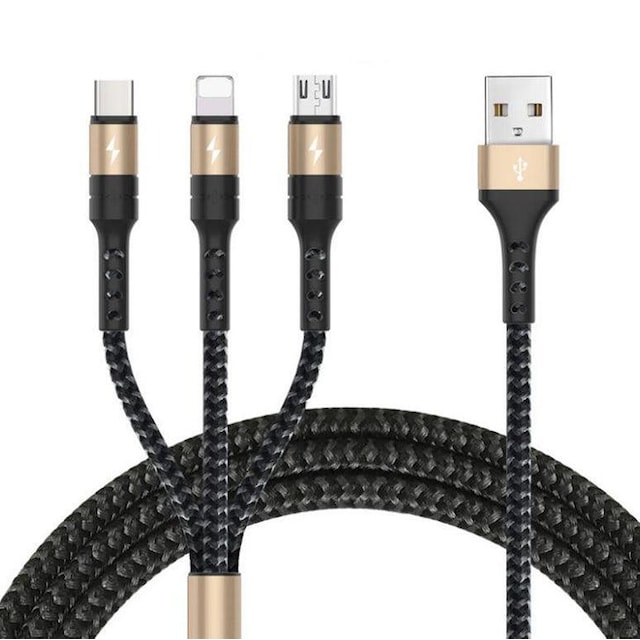 NÖRDIC Multicharger kabel 1 til 3 USB A til Micro USB, Ikke MFI Lightning og USB C 1,2m Max 3A