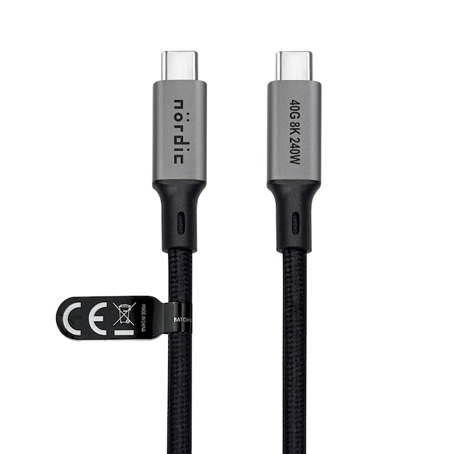 NÖRDIC 25 cm USB4 USB-C til C nylon flettet kabel PD3.1 240W 40G 8K60Hz 4K144Hz grå