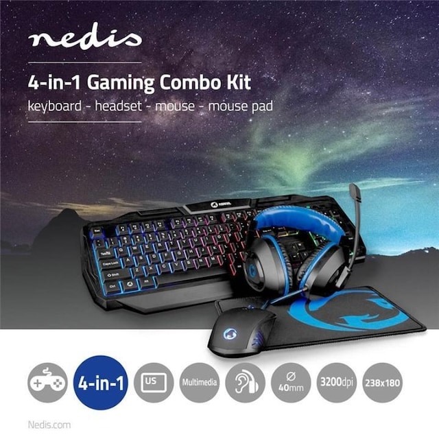Nedis Gaming Combo Kit | 4-i-1 | Tastatur, Headset, Mus og musemåtte | Blå / Sort | QWERTY | US layout