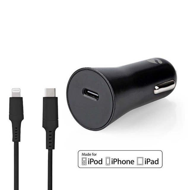 Nedis Biloplader | 20 W | 1.67 / 2.22 / 3.0 A | Antal output: 1 | Porttype: USB-C™ | Lightning 8-Pin (Loose) kabel | 1.00 m | Automatisk Valgt Spænding