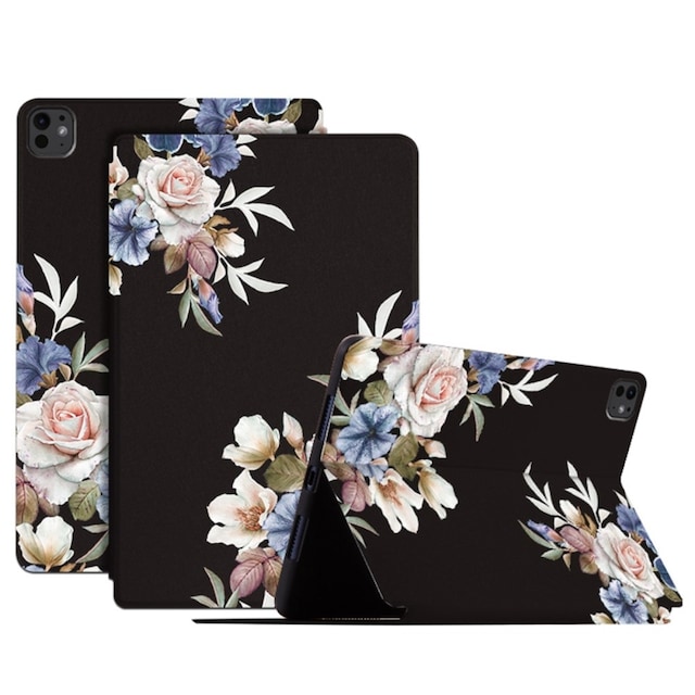 Til iPad Pro 11 (2024) Cover Flip Stativ Smart Tablet Cover - Black Flower