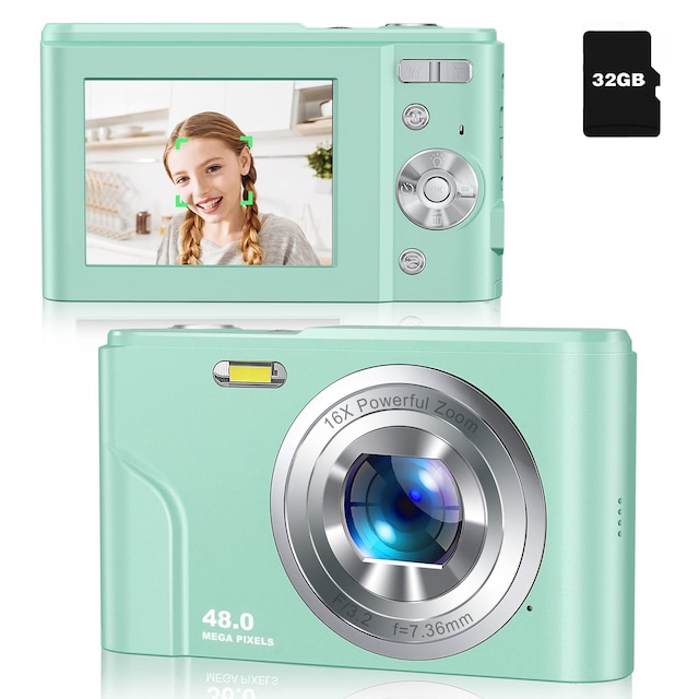 Digitalkamera med 48 MP, HD 1080p, 16x zoom, hukommelseskort Grøn