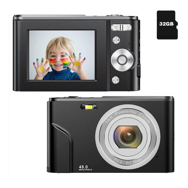 Digitalkamera med 48 MP, HD 1080p, 16x zoom, hukommelseskort Sort