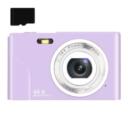 Digitalkamera med 48 MP, HD 1080p, 16x zoom, hukommelseskort Lilla