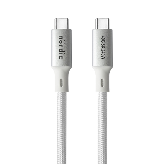 NÖRDIC 1,5m USB4 USB-C til C nylonflettet kabel PD3.1 med 240W hurtigopladning 40G 8K60Hz 4K120Hz 5K60Hz 2x4K60Hz Emarker