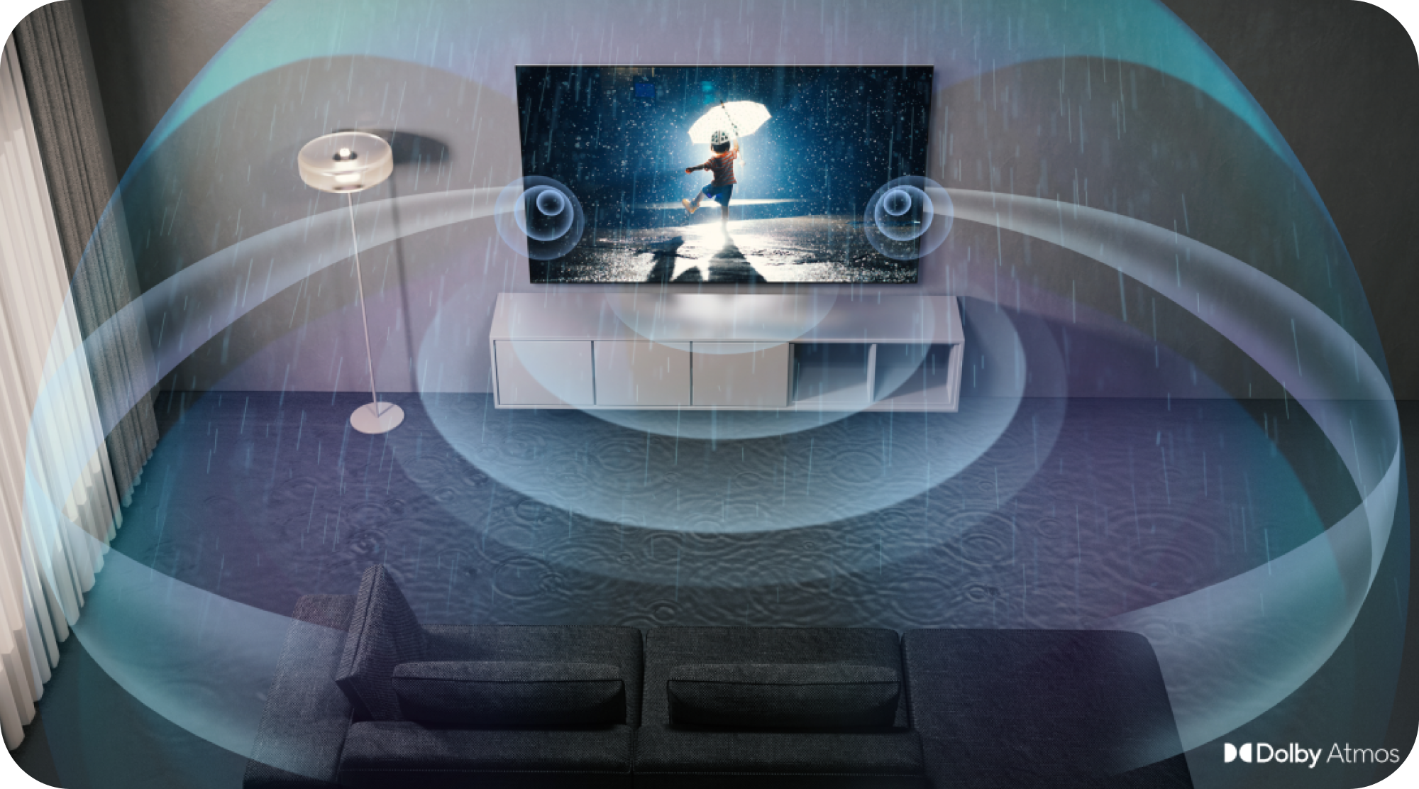 Samsung TV with Dolby Atmos og lydbølger rundt i rummet