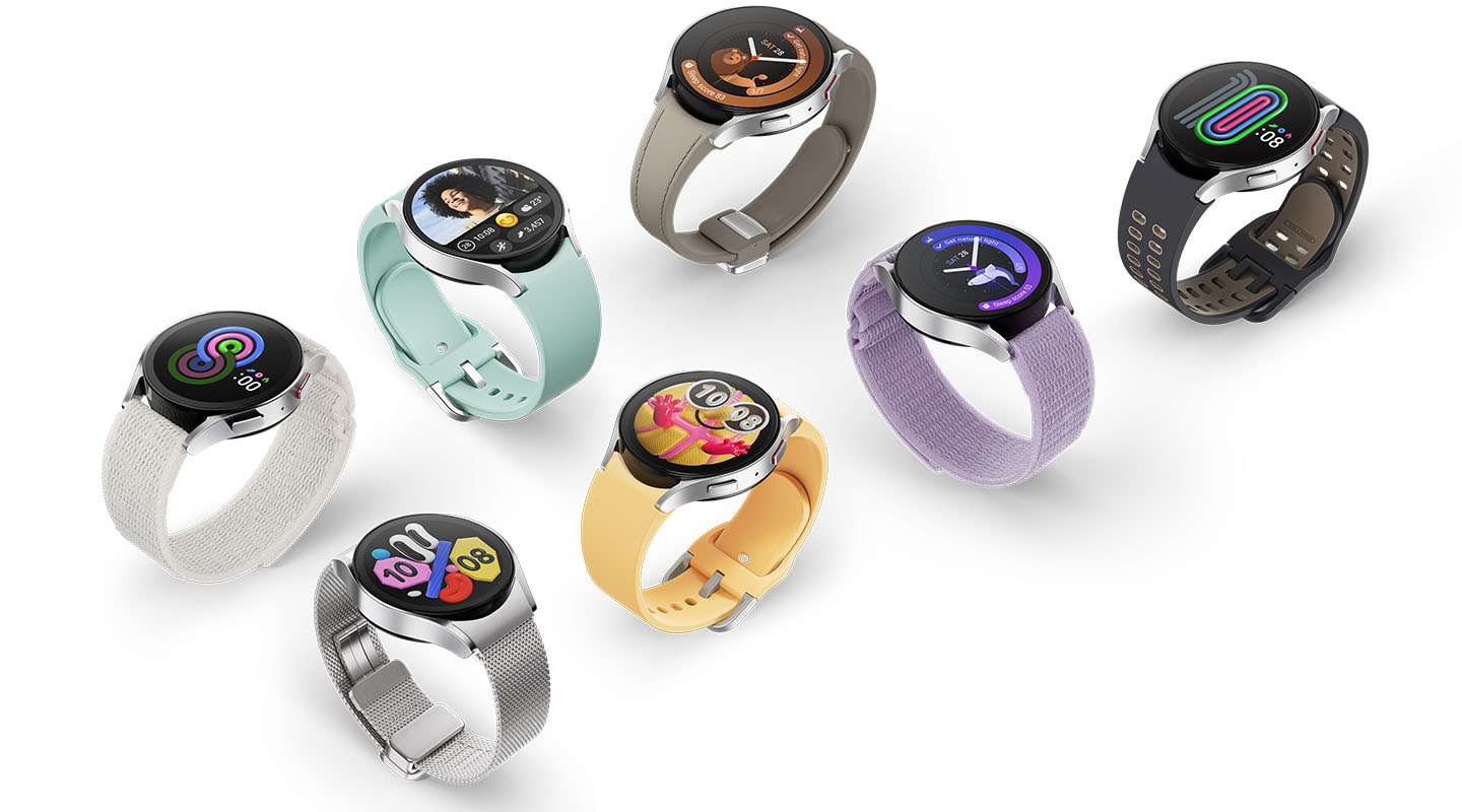Billede med Samsung Galaxy Watch6 ure i forskellige farver set fra oven