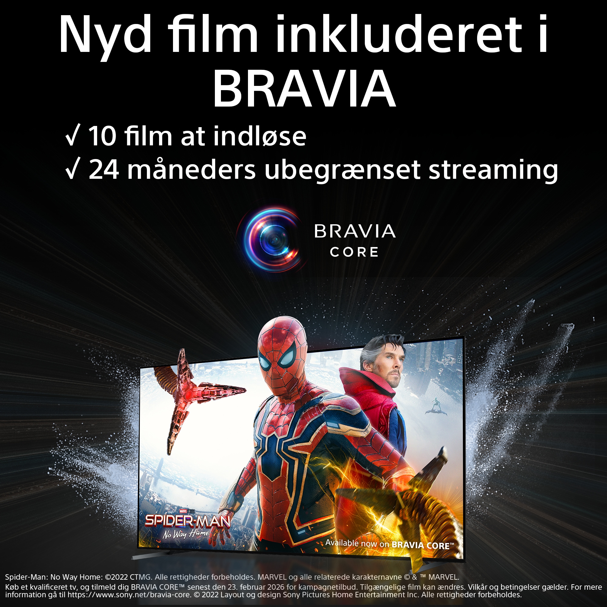 Sony - TV -  Sony A95L TV, Spider-man og Doctor Strange på et TV med info om BRAVIA