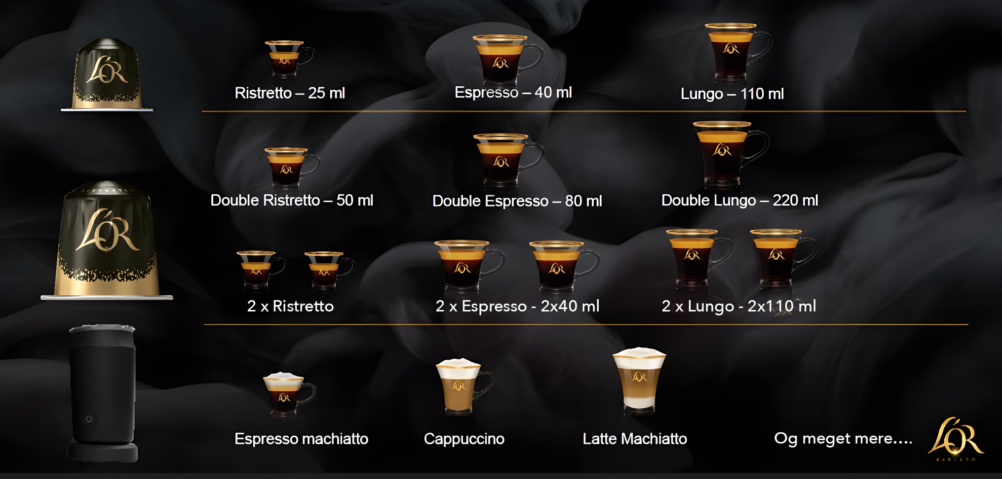 L'OR kaffemenu, der viser de mange forskellige smagsmuligheder