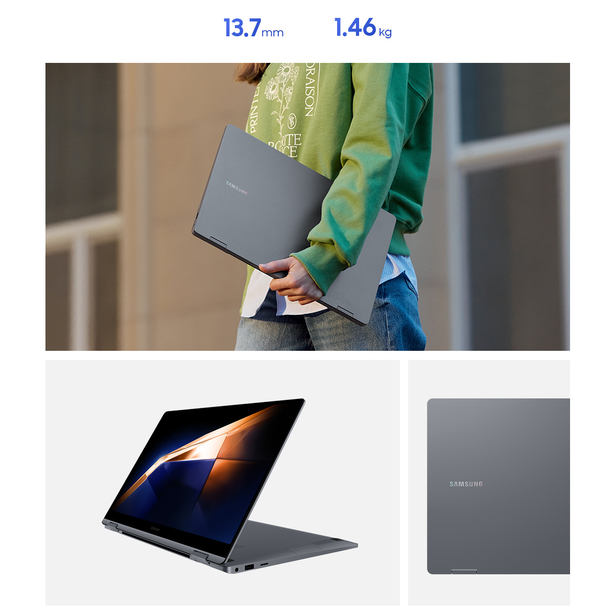 En ung kvinde, der bærer en Galaxy Book4 360 i den ene arm, mens hun går udendørs