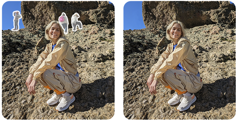 To ens billeder af en kvinde på en klippe der illustrerer funktionen magisk viskelæder