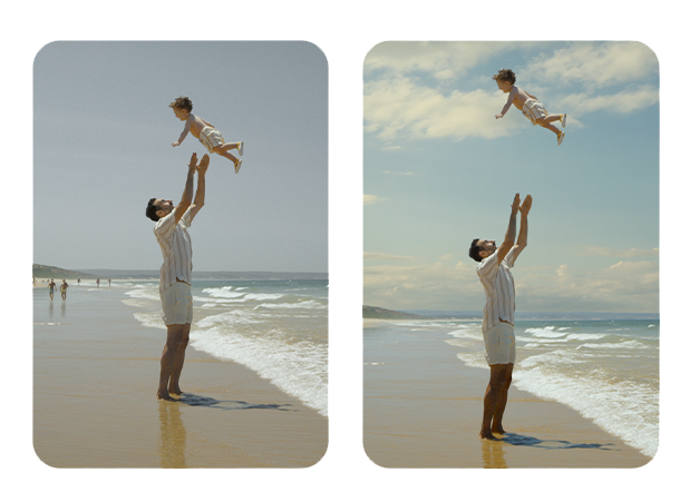 To billeder af en mand, der løfter et barn på en strand - et redigeret og et uredigeret billede
