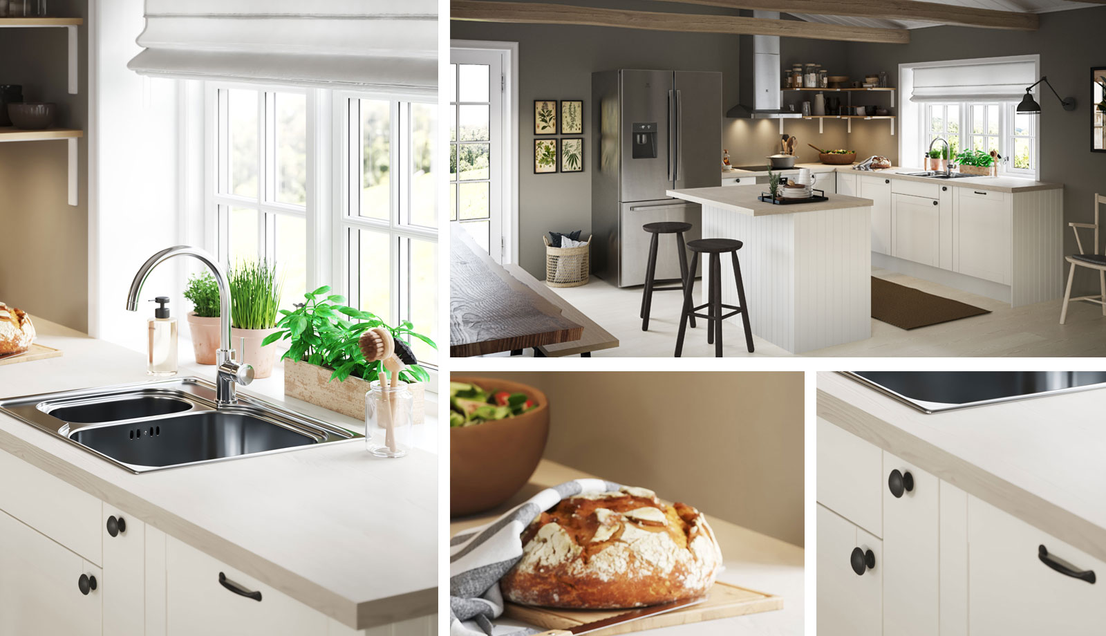 Collage med fire klassiske køkkener fra Epoq