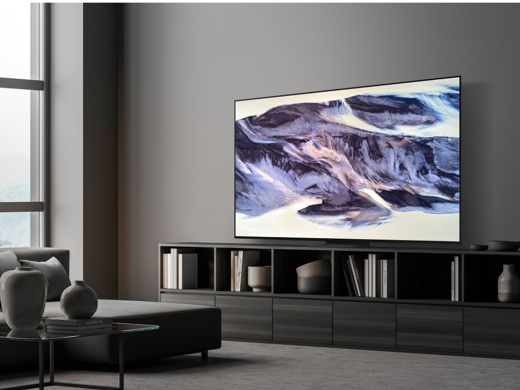 Samsung OLED TV S90D in a grey livingroom