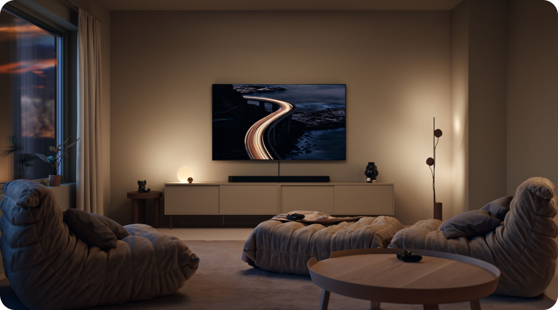 Samsung Neo QLED TV in a dimly lit livingroom