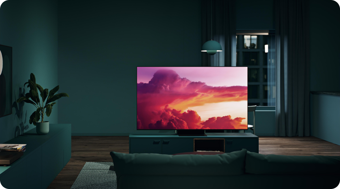 Samsung OLED TV S85D in a dark green livingroom
